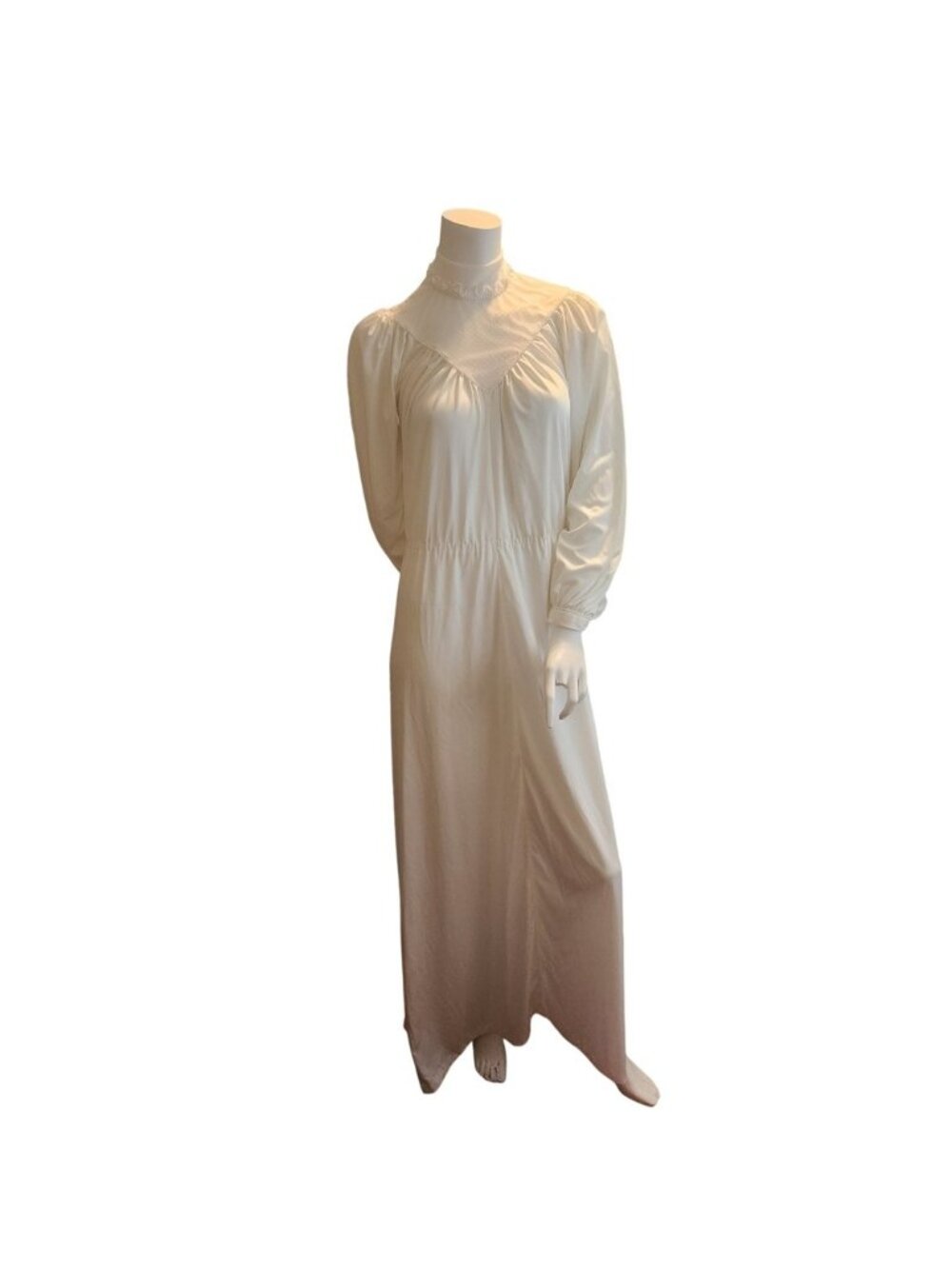 Vintage 70s White Faux Pearl Romantic Mock Neck Maxi Dress Nightgown Wedding